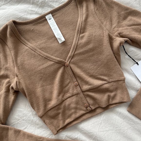 ALO YOGA - ALOLUX CROPPED ME TIME CARDIGAN in Toasted Almond - Picture 3 of 7